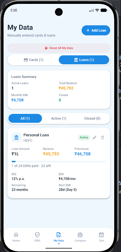 SAARTI My Data screen with manually entered loan records and EMI information
