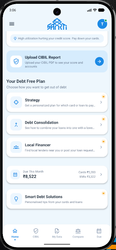 SAARTI debt planning screen with strategy, consolidation and monthly due overview